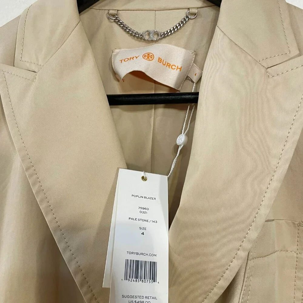 New Tory Burch Cotton Poplin Double Breasted Blazer Khaki 4, S $498